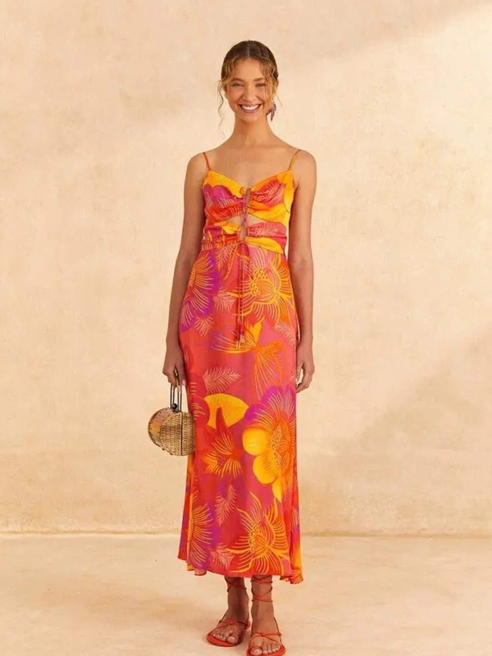 FARM Rio Vibrant Pink and Orange Tropical Midi Dress - Picture 6 of 6